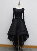 Long Sleeves Lace High Low Prom Dress , Beaded Black Prom Dress
