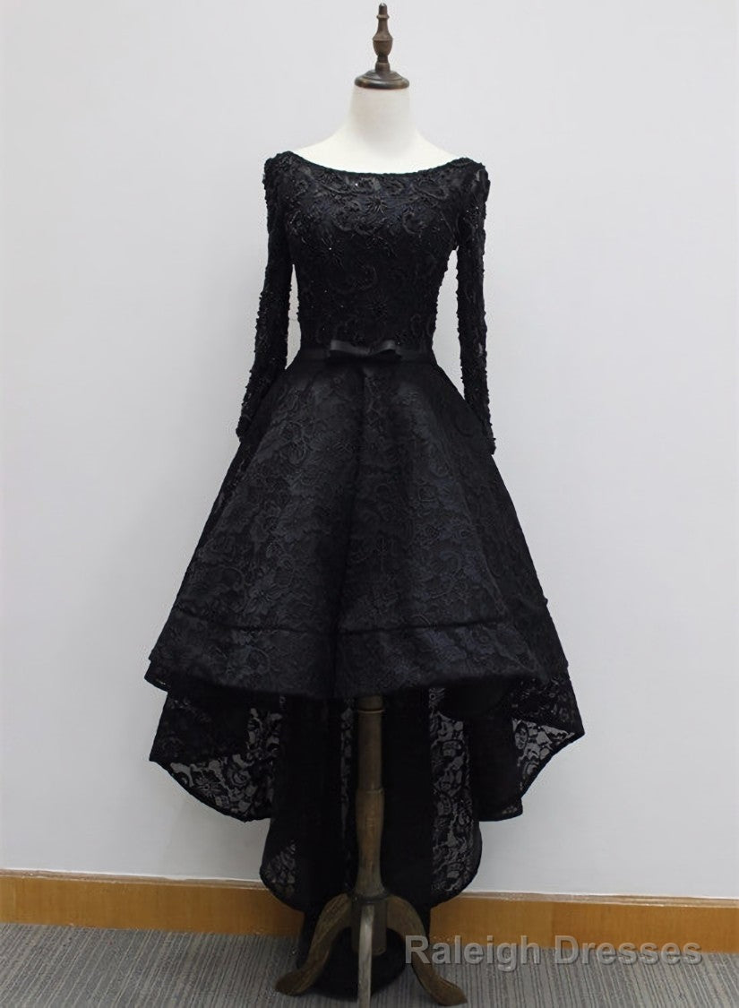 Long Sleeves Lace High Low Prom Dress , Beaded Black Prom Dress