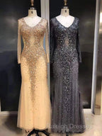 Long Sleeves Mermaid Crystals Prom Dress Bling Bling Prom Gown