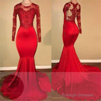 Long Sleeves Mermaid Lace Prom Dresses Red Sheer Tulle Evening Gown