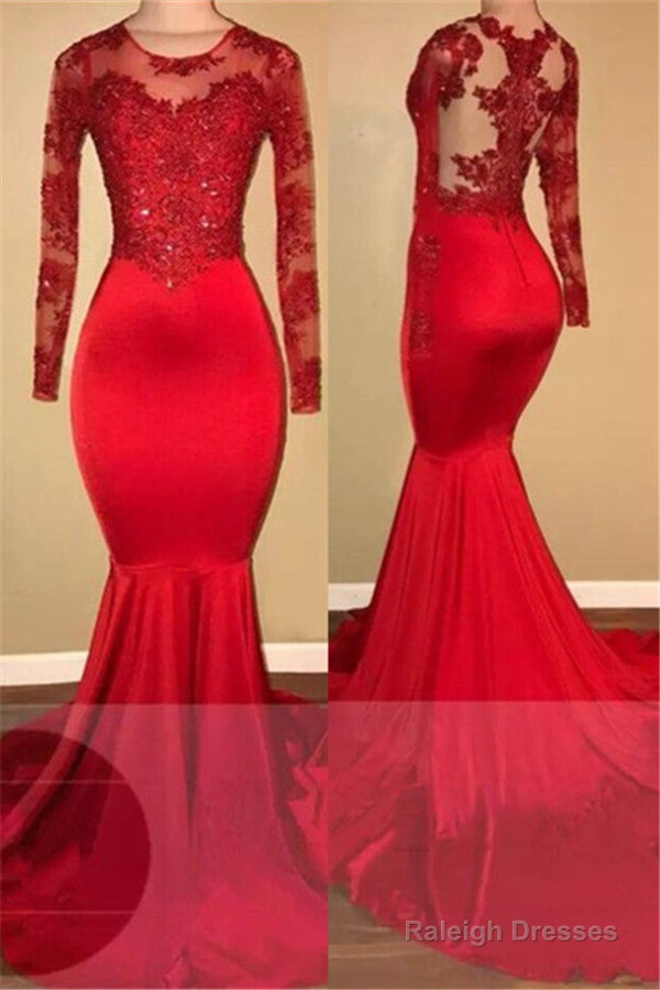 Long Sleeves Mermaid Lace Prom Dress Red Sheer Tulle Prom Gowns
