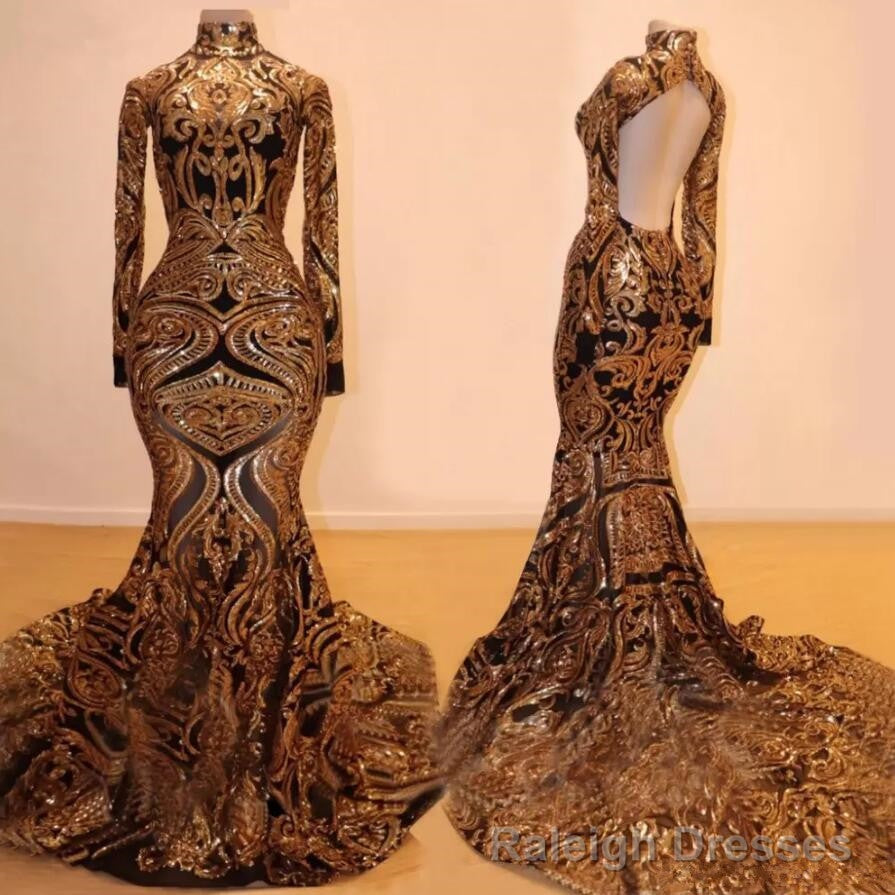 Long Sleeves Mermaid Prom Dress Gold Appliques Open Back Secondary image