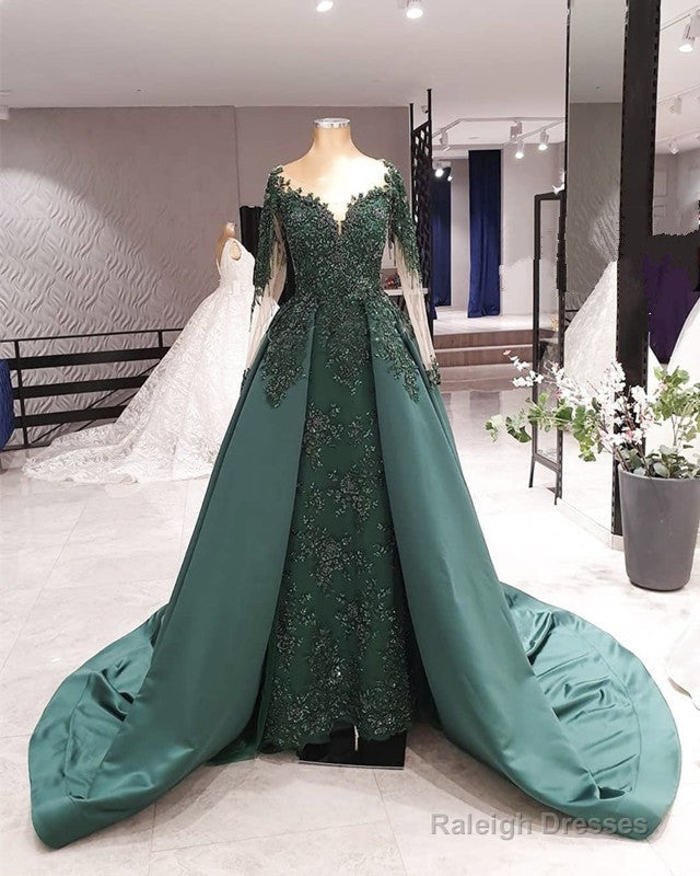 Long Sleeves Mermaid Prom Dress Sweep Train Lace Beaded