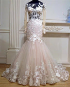 Long Sleeves Mermaid See Through Wedding Dress Lace Embroidery