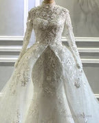 Long Sleeves Mermaid Wedding Dress Lace High Neck