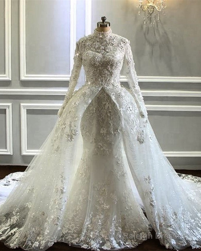 Long Sleeves Mermaid Wedding Dresses Lace High Neck Main image