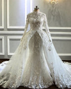 Long Sleeves Mermaid Wedding Dress Lace High Neck
