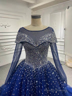 Long Sleeves Navy Blue Wedding Dresses Crystals Sequined Ball Gown Quince Dresses
