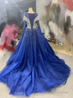 Long Sleeves Navy Blue Wedding Dress Crystals Sequined Ball Gowns Quince Dress