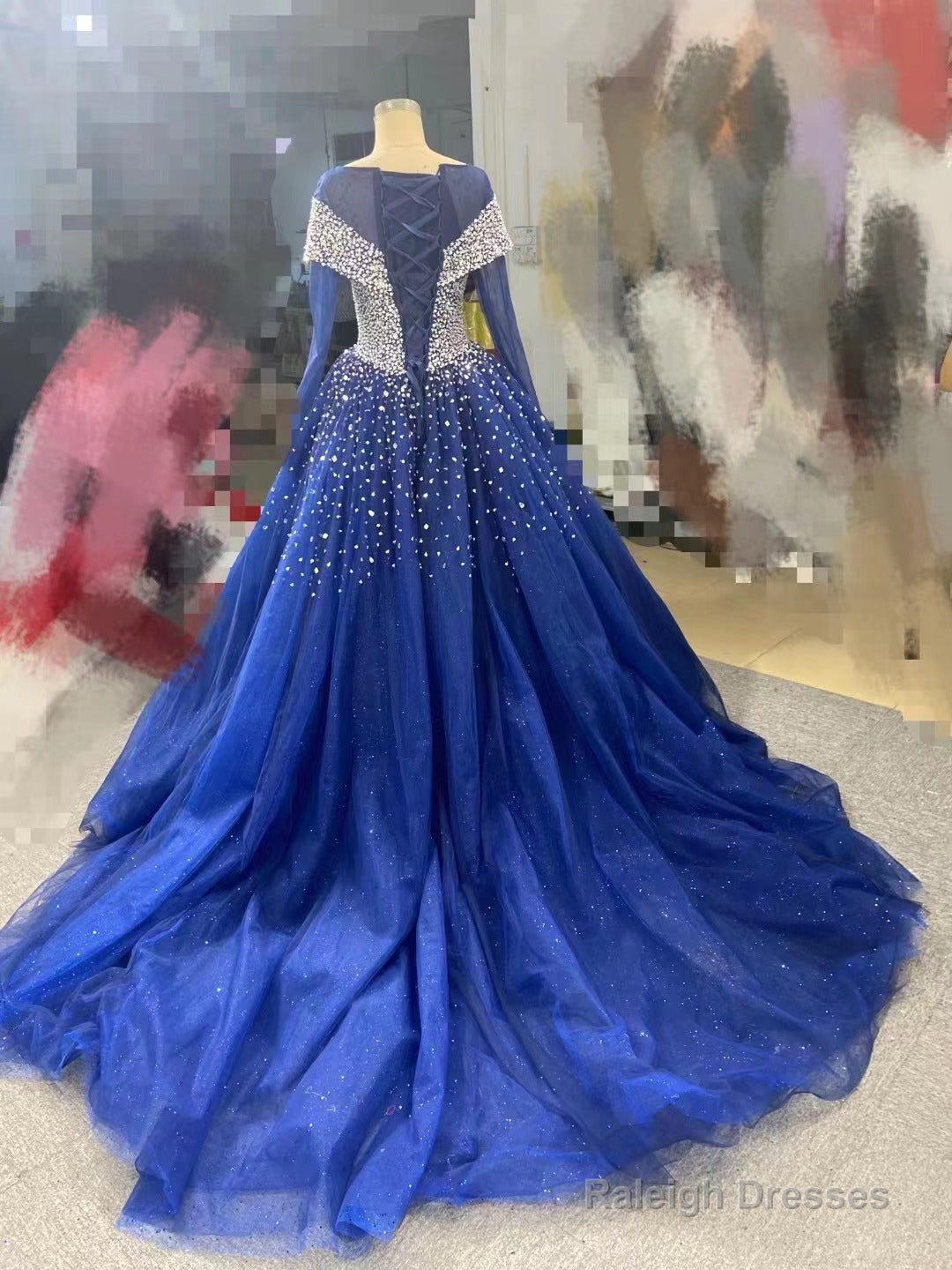 Long Sleeves Navy Blue Wedding Dress Crystals Sequined Ball Gowns Quince Dress