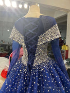 Long Sleeves Navy Blue Wedding Dresses Crystals Sequined Ball Gown Quince Dresses