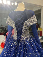 Long Sleeves Navy Blue Wedding Dress Crystals Sequined Ball Gowns Quince Dress