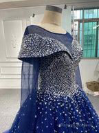Long Sleeves Navy Blue Wedding Dress Crystals Sequined Ball Gowns Quince Dress
