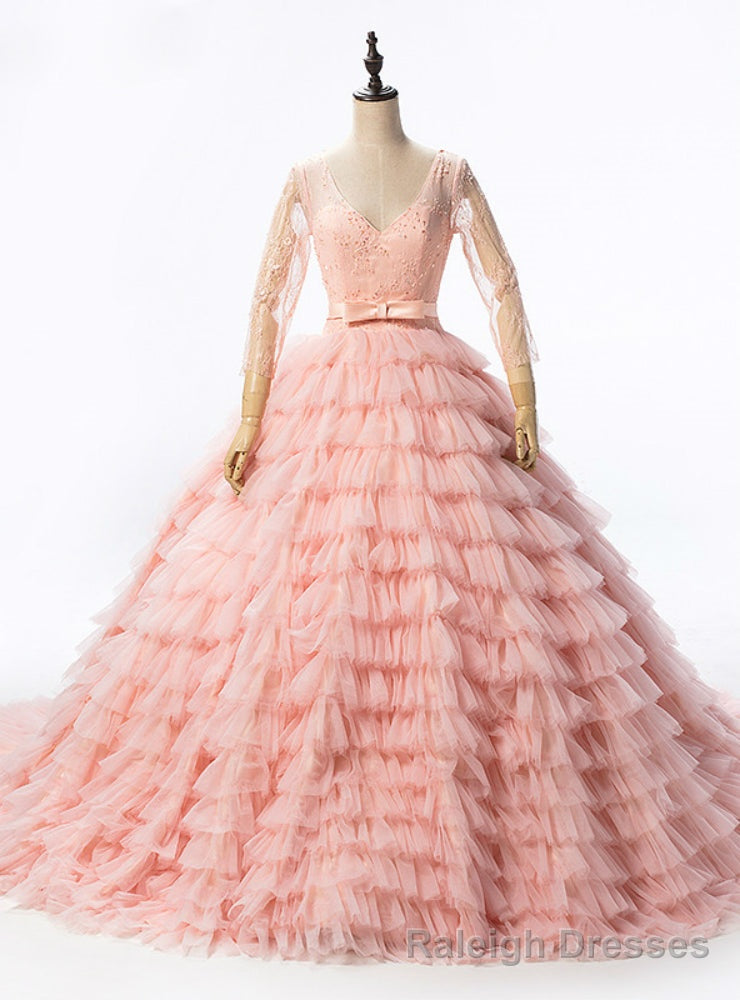 Long Sleeves Peach Sexy Tulle Sequined Tiered Wedding Dress Main image