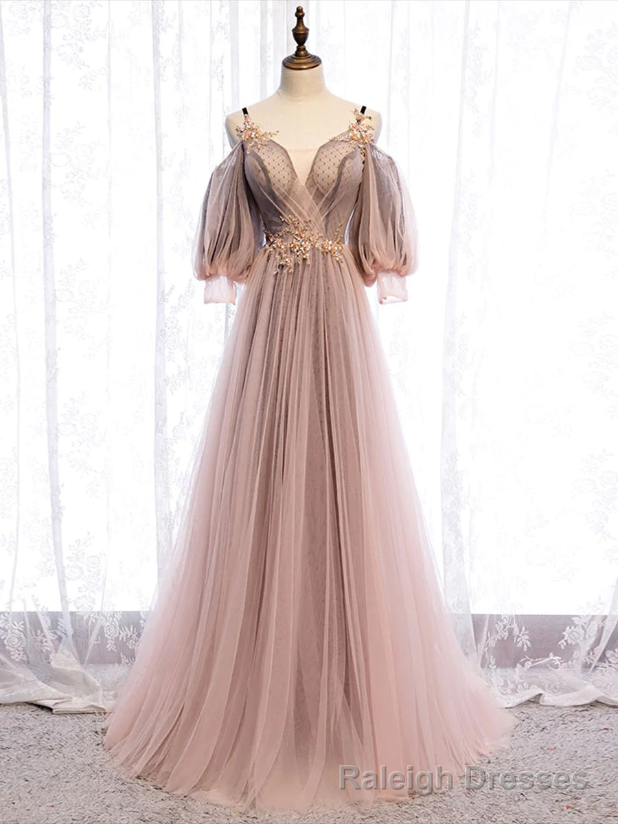 Long Sleeves Pink Tulle Long Party Dress with Lace, Pink Floor Length Prom Dress Main image
