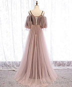 Long Sleeves Pink Tulle Long Party Dress with Lace, Pink Floor Length Prom Dress