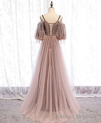 Long Sleeves Pink Tulle Long Prom Dress with Lace, Pink Floor Length Prom Dress
