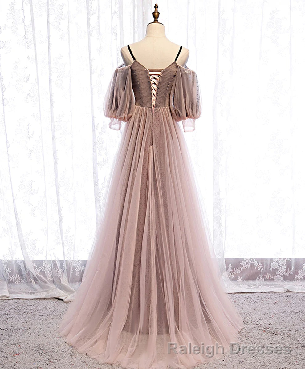 Long Sleeves Pink Tulle Long Prom Dress with Lace, Pink Floor Length Prom Dress