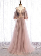 Long Sleeves Pink Tulle Long Prom Dress with Lace, Pink Floor Length Prom Dress