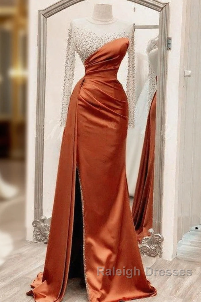 Long Sleeves Prom Dress Mermaid Satin Split Main image