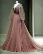 Long Sleeves Prom Dress Tulle V Neck