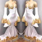 Long Sleeves Prom Party Gowns with gold appliques, mermaid evening dress