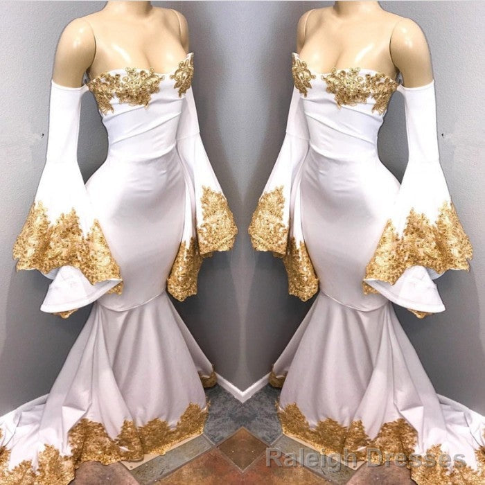 Long Sleeves Prom Party Gowns with gold appliques, mermaid evening dress
