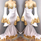 Long Sleeves Prom Prom Gown with gold appliques, mermaid Prom dress