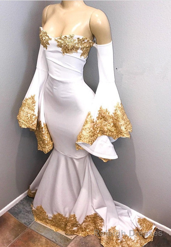 Long Sleeves Prom Prom Gown with gold appliques, mermaid Prom dress Main image
