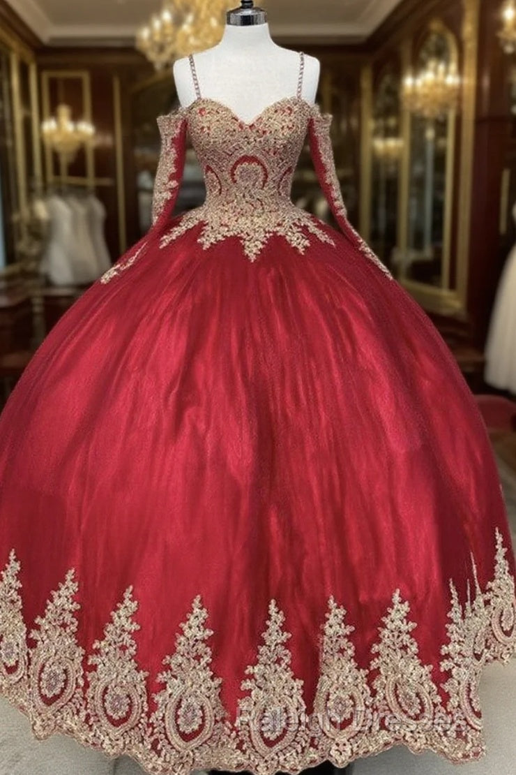 Long Sleeves Quinceanera Dresses Gold Lace Appliques Off Shoulder Main image