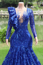 Long Sleeves Royal Blue Mermaid Ruffles V-Neck Floor Length Prom Dresses