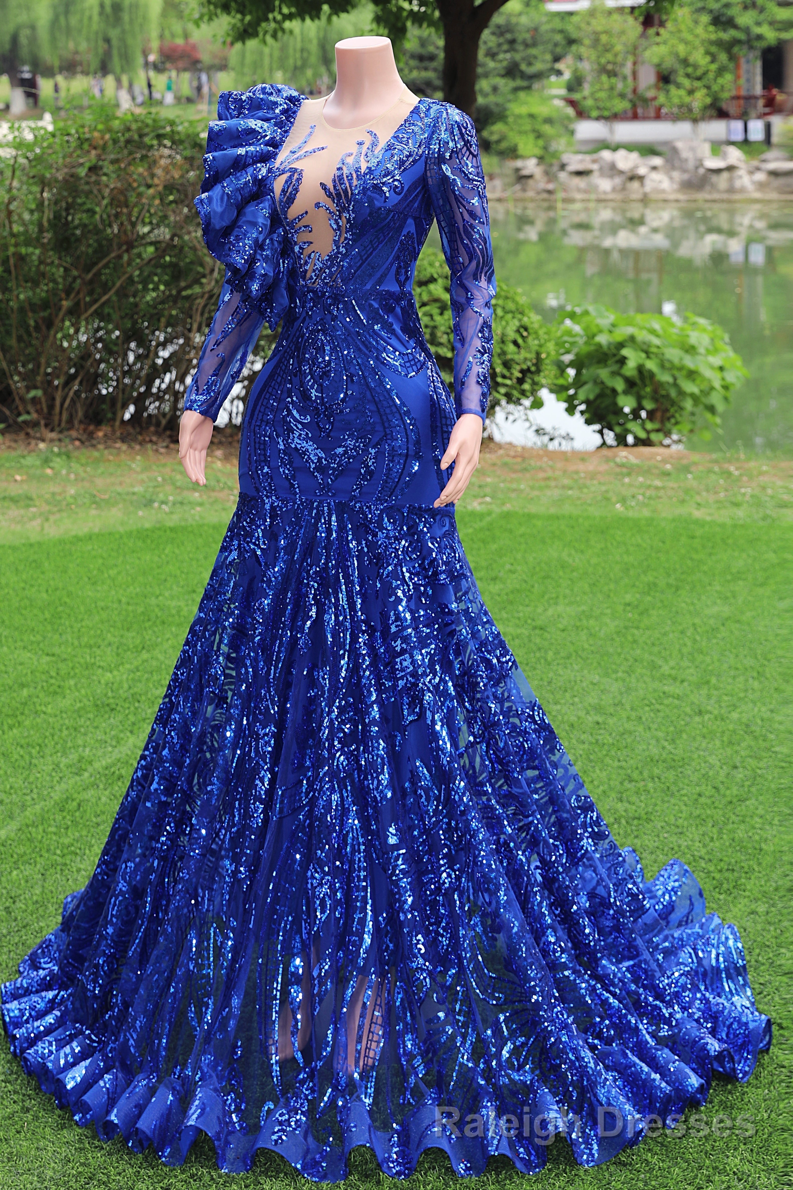 Long Sleeves Royal Blue Prom Dresses Sequin Mermaid Long Formal Dresse