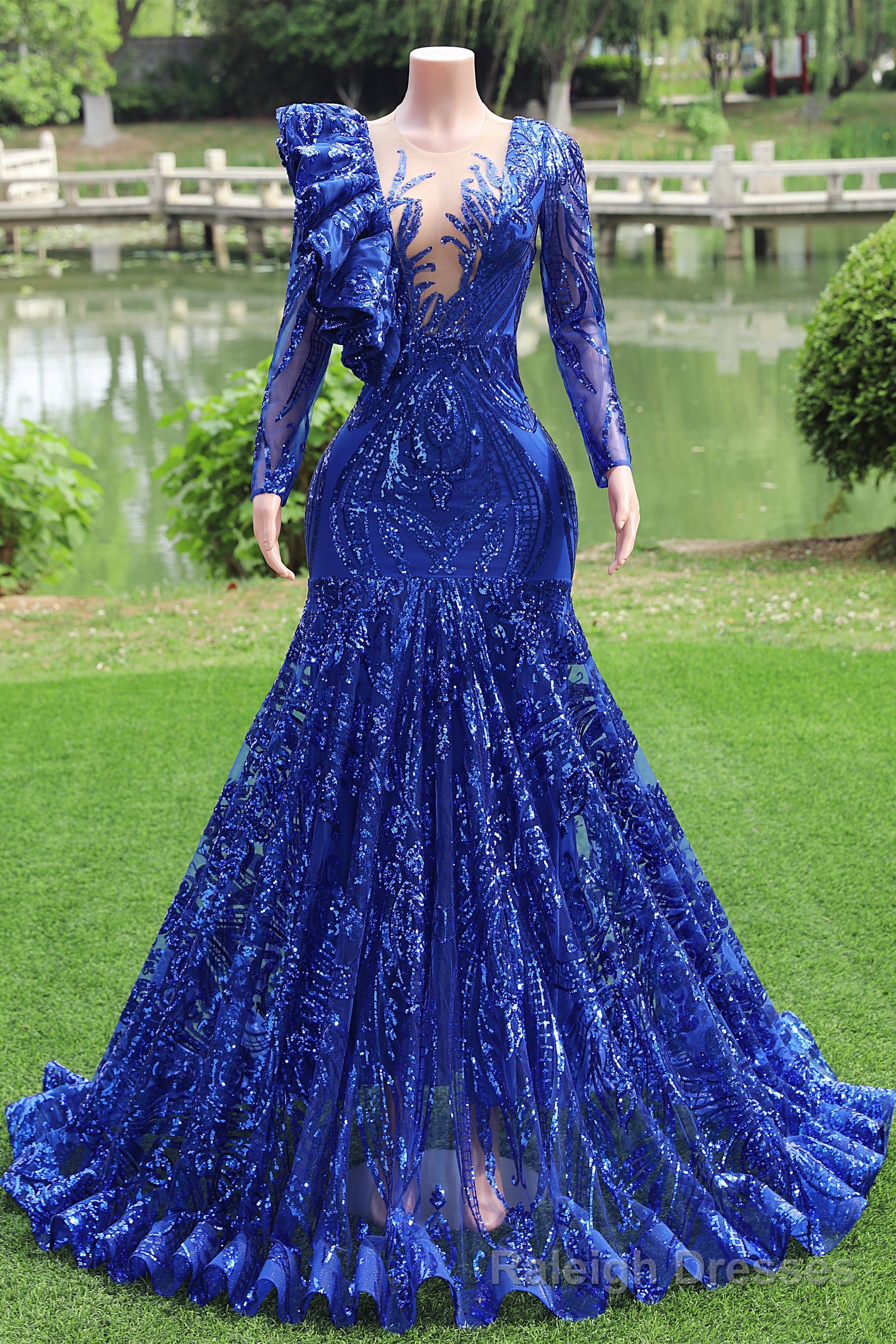 Long Sleeves Royal Blue Prom Dresses Sequin Mermaid Long Formal Dresses Main image