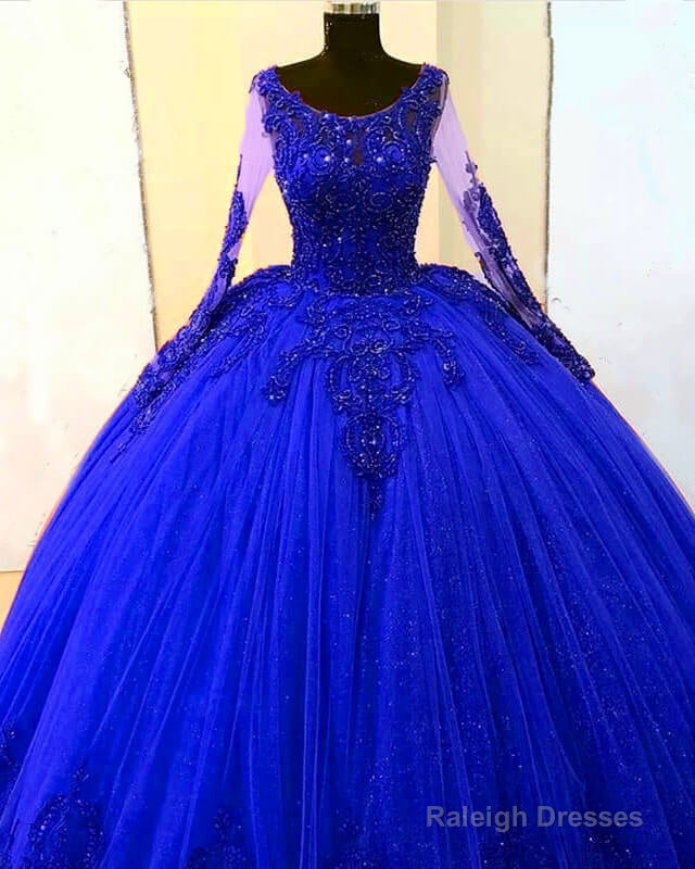 Long Sleeves Royal Blye Tulle Appliques Ball Gown Dress