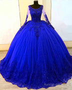 Long Sleeves Royal Blye Tulle Appliques Ball Gown Dress