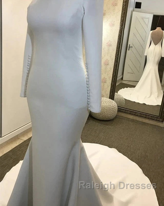 Long Sleeves Satin Wedding Dresses Mermaid Open Back