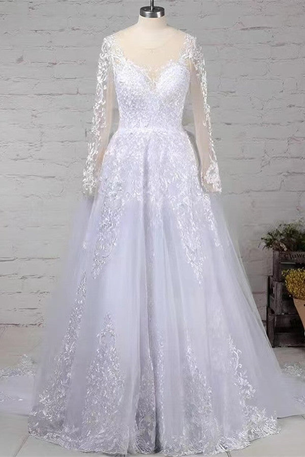 Long Sleeves Scoop Wedding Dress Princess Lace Bridal Gown