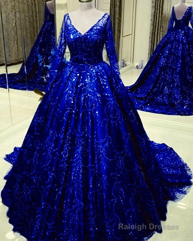 Long Sleeves Sequin Ball Gown Dresses V Neck