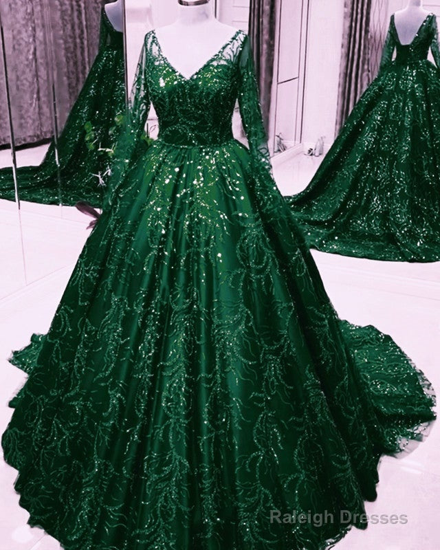 Long Sleeves Sequin Ball Gowns Dress V Neck