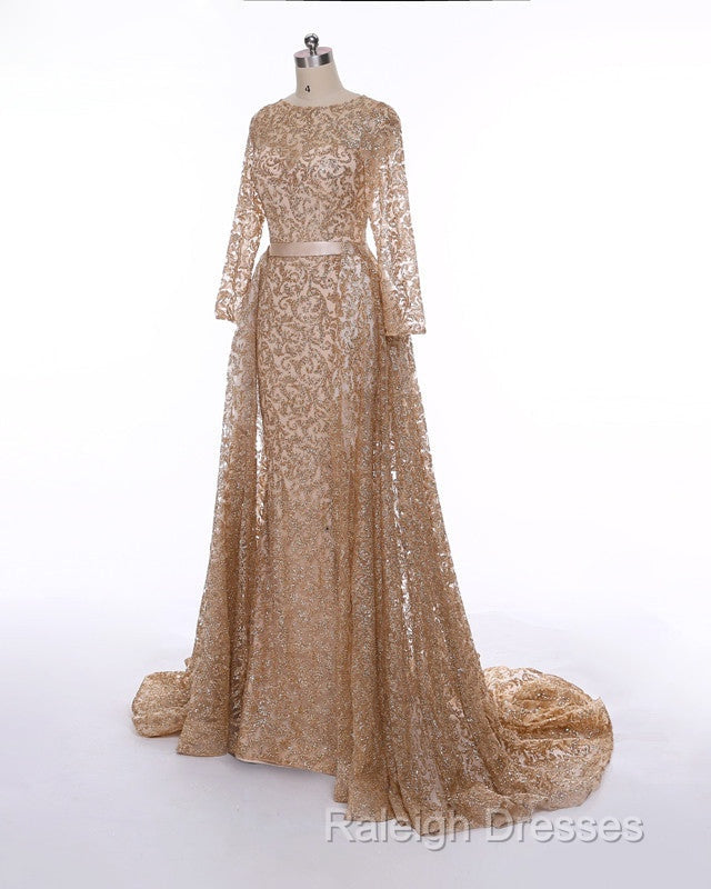 Long Sleeves Sequin Gold Mermaid Prom Dresses