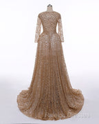 Long Sleeves Sequin Gold Mermaid Prom Dresses