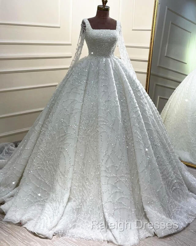 Long Sleeves Sequin Pattern Ball Gowns Wedding Dress
