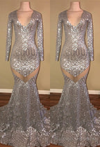 Long Sleeves Sequins Prom Prom Gown| Mermaid V Neck Prom Gown