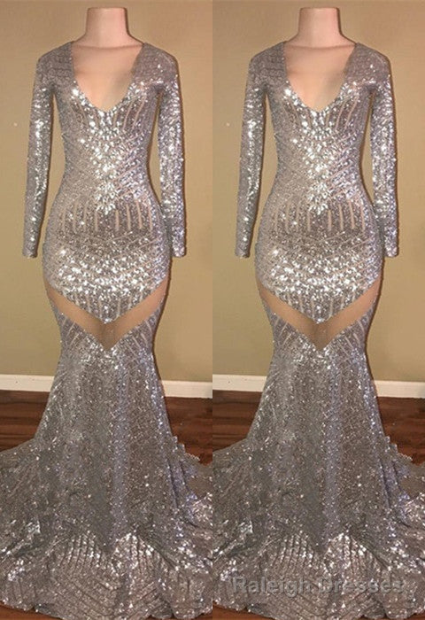 Long Sleeves Sequins Prom Prom Gown| Mermaid V Neck Prom Gown