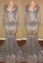 Long Sleeves Sequins Prom Party Gowns| Mermaid V-Neck Evening Gowns