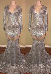 Long Sleeves Sequins Prom Party Gowns| Mermaid V-Neck Evening Gowns