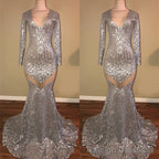 Long Sleeves Sequins Prom Party Gowns| Mermaid V-Neck Evening Gowns