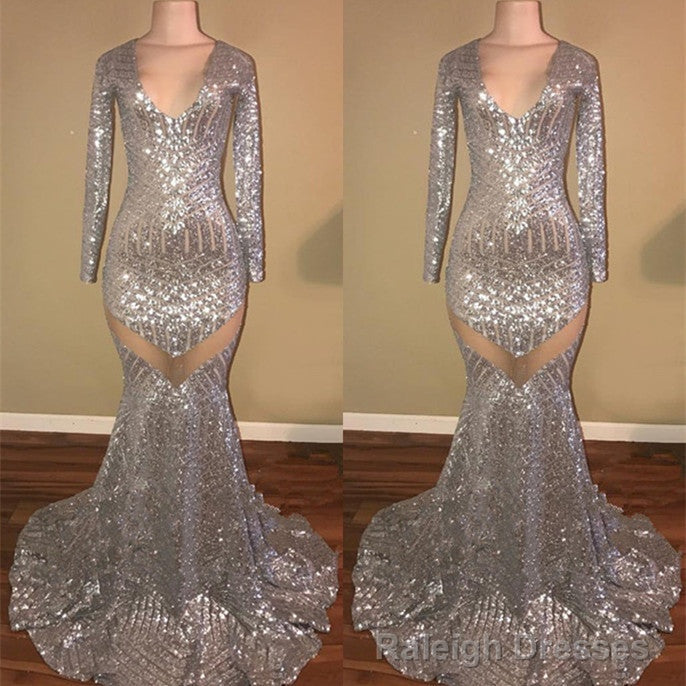 Long Sleeves Sequins Prom Party Gowns| Mermaid V-Neck Evening Gowns