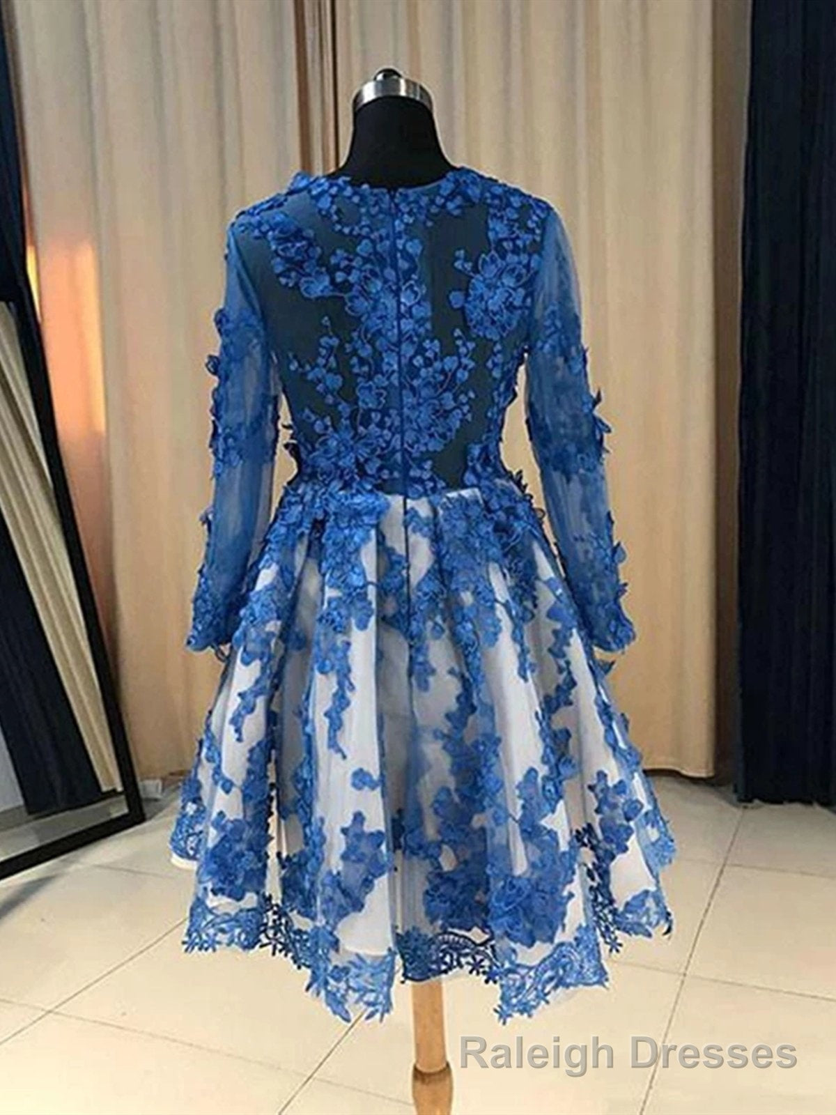 Long Sleeves Short Blue Lace Prom Dresses, Short Blue Lace Formal Homecoming Graduation Dresses Main image
