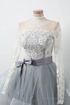 Long Sleeves Short Gray Prom Dresses With White Lace Long Sleeves Short Lace Graduation Homecoming Dress